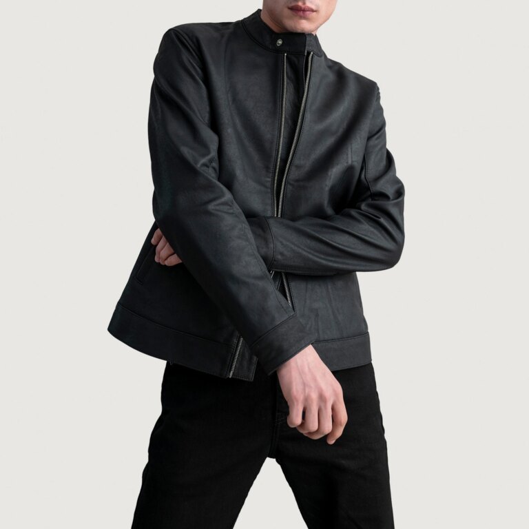 Mens Zen Tumbled Black Leather Biker Jacket Open Front-4-1724075578031